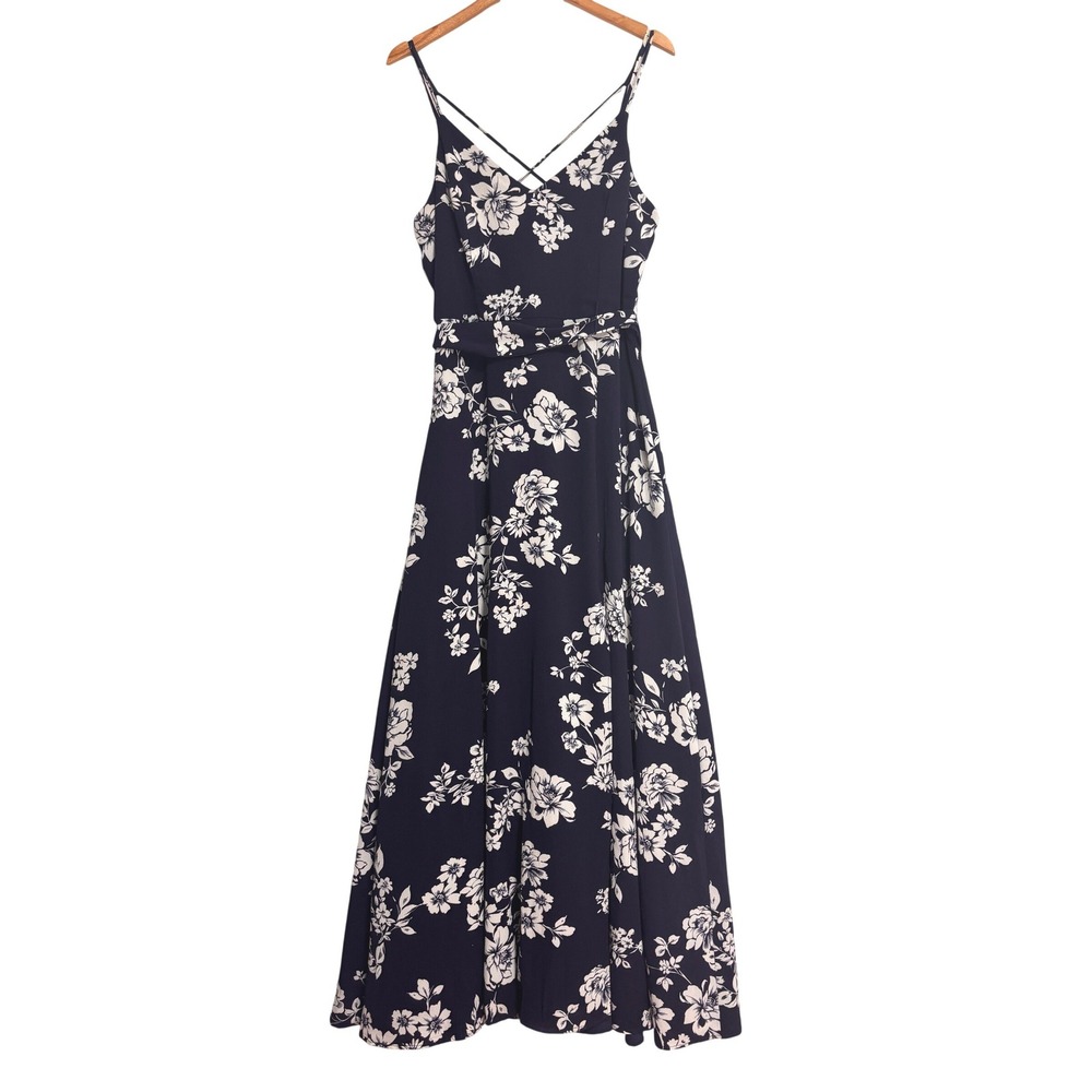 Premier Amour Floral Maxi Dress Women 16 Navy Criss Cross Romantic Wedding Party